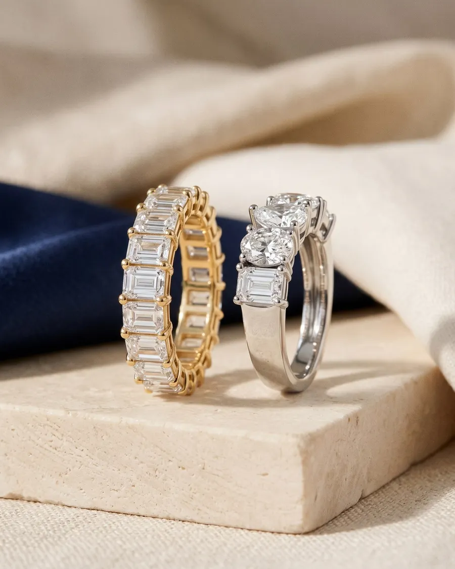 An emerald-cut eternity band and a five-stone band standing on pale stone