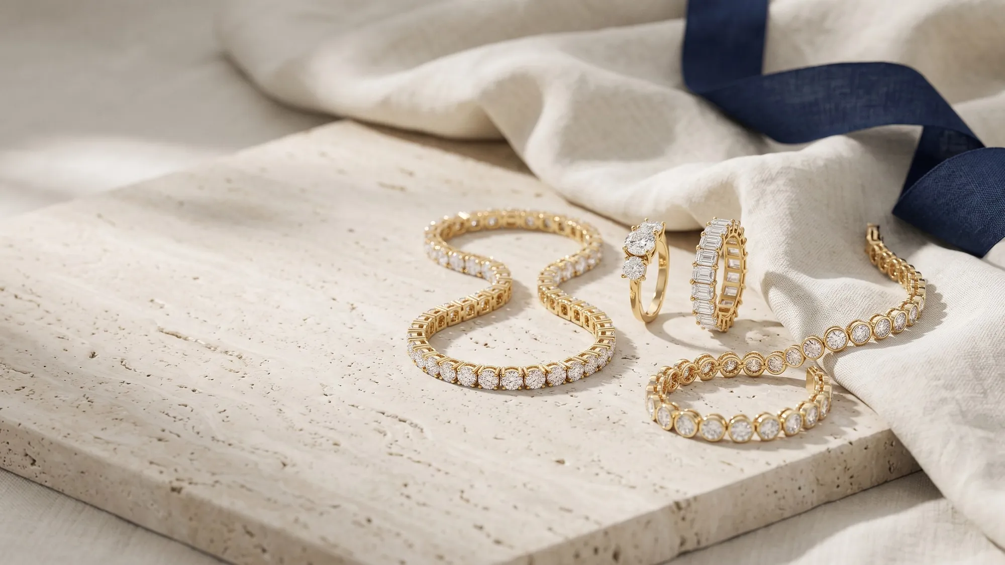 Aaryam diamond tennis bracelets and rings arranged on pale travertine and cream linen