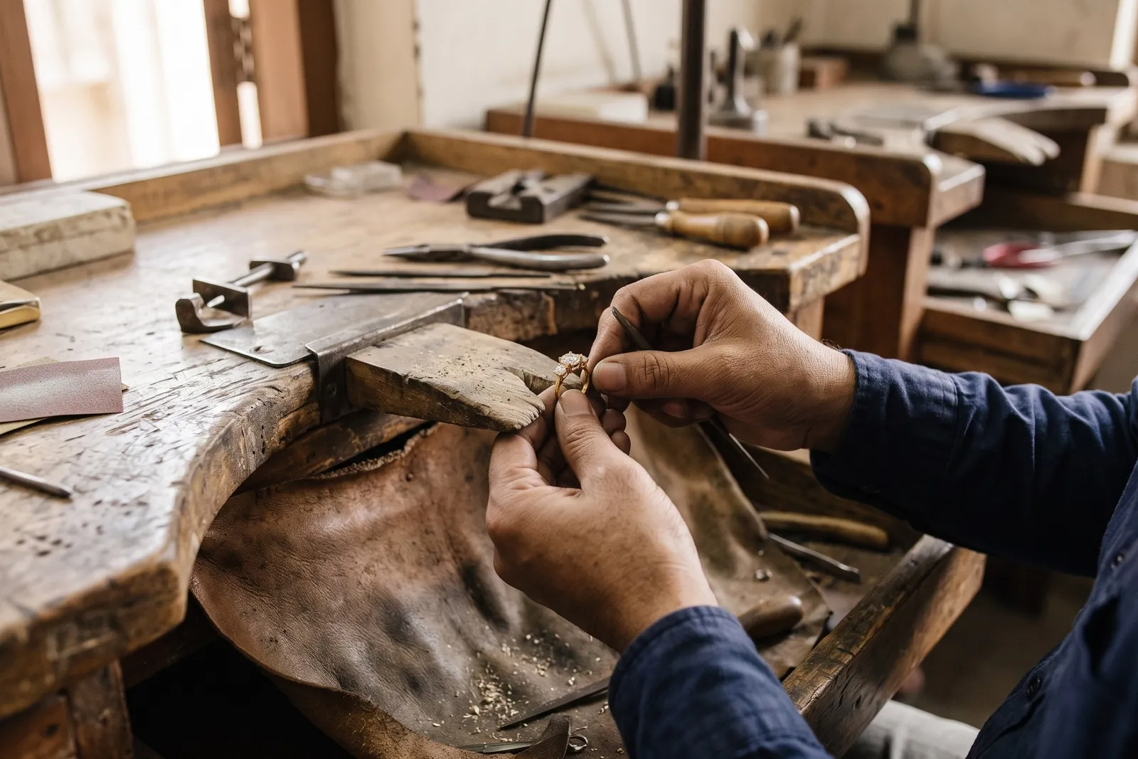 An artisan's hands at a wooden jeweler's bench, working on a gold ring
