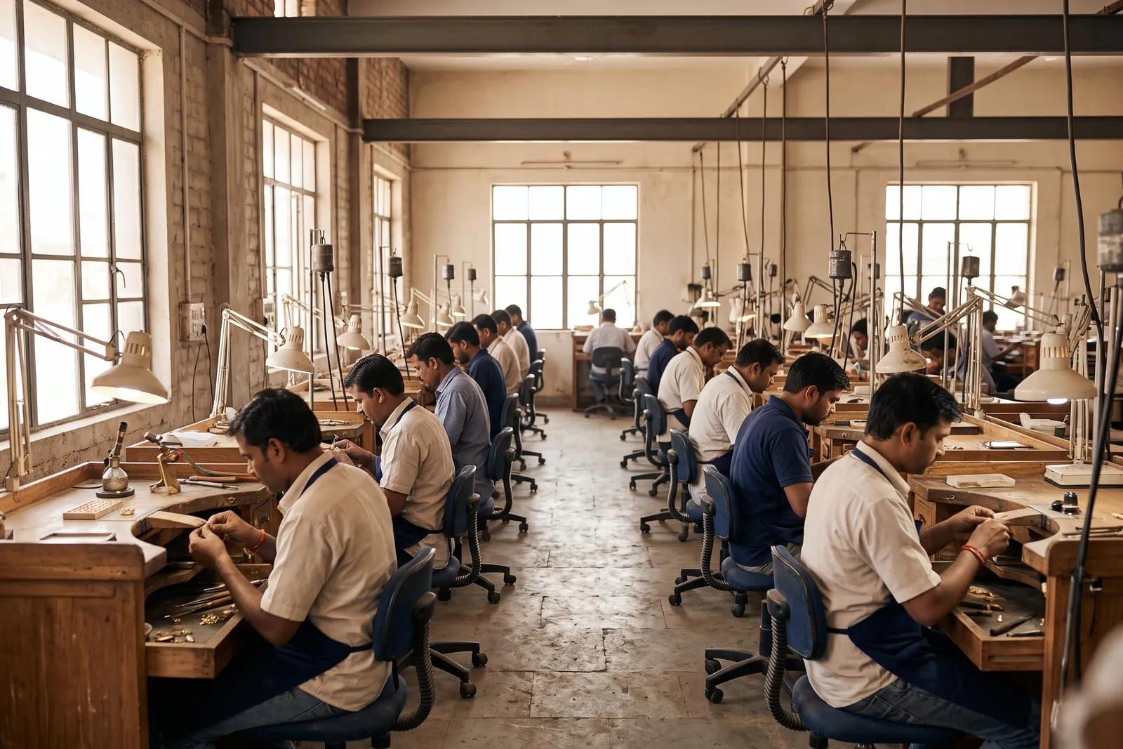 Rows of jewelers' benches on a bright workshop floor, artisans at work