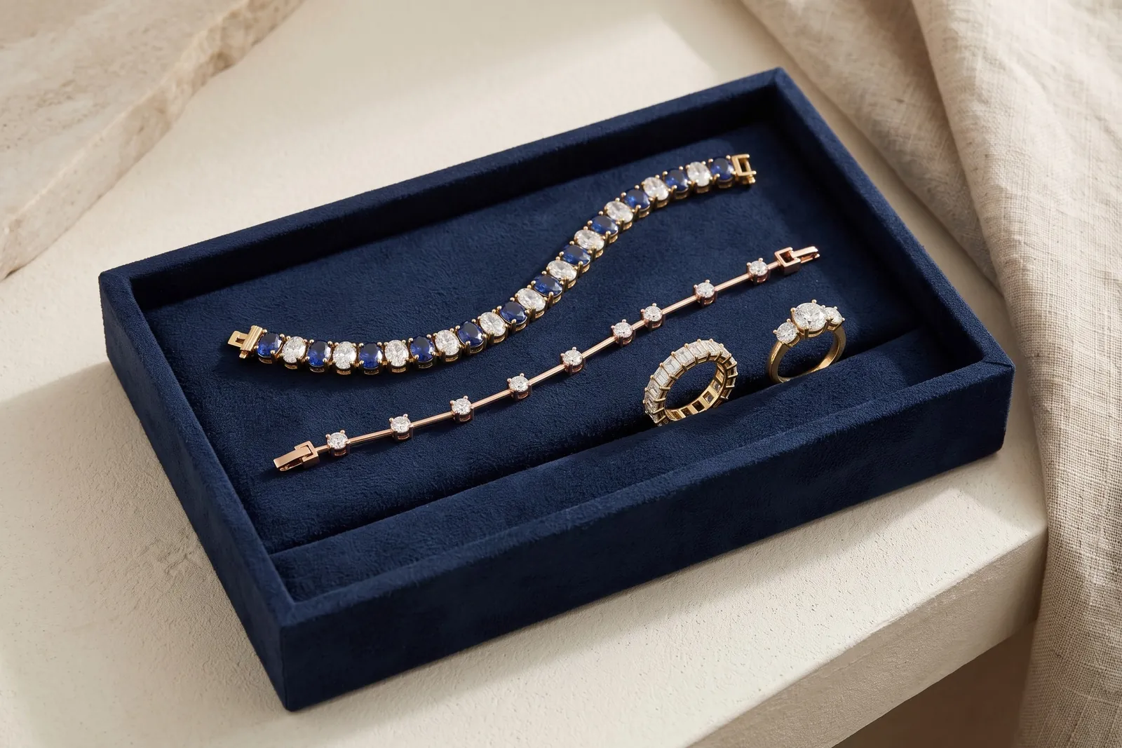 A navy velvet trade tray holding Aaryam bracelets and rings laid out for a retailer